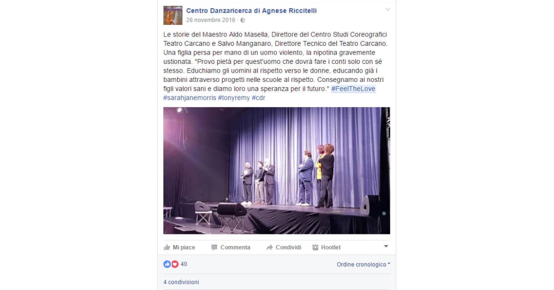 uno dei post pubblicati durante il live social e diretta facebook dell'evento organizzato da agnese riccitelli e sarah jane morris con tony remy