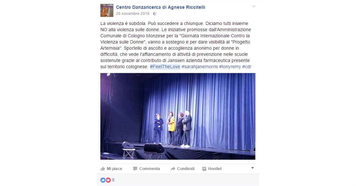 uno dei post pubblicati durante il live social e diretta facebook dell'evento organizzato da agnese riccitelli e ,sarah jane morris con tony remy