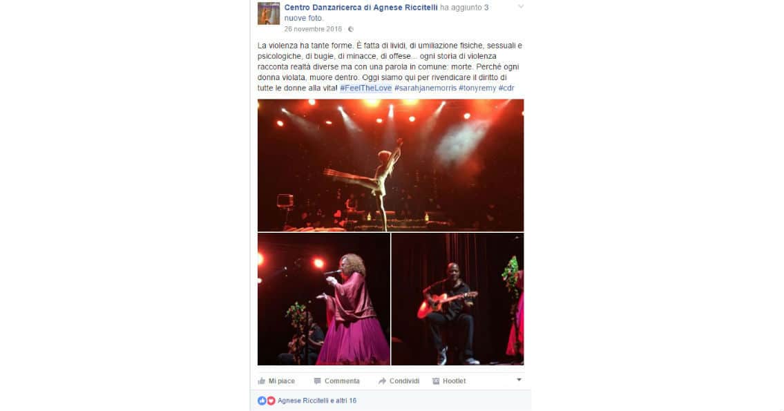 uno dei post pubblicati durante il live social e diretta facebook dell'evento organizzato da agnese riccitelli e ,sarah jane morris con tony remy