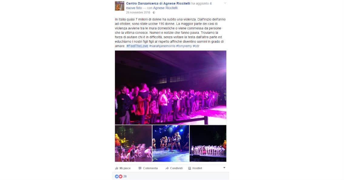 uno dei post pubblicati durante il live social e diretta facebook dell'evento organizzato da agnese riccitelli e ,sarah jane morris con tony remy