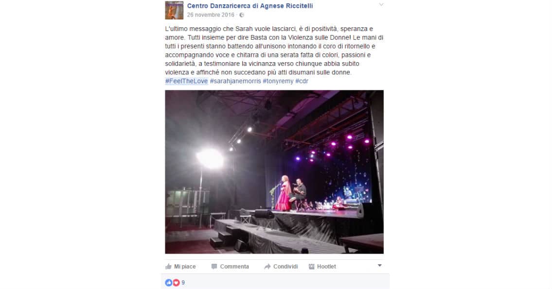 uno dei post pubblicati durante il live social e diretta facebook dell'evento organizzato da agnese riccitelli e ,sarah jane morris con tony remy