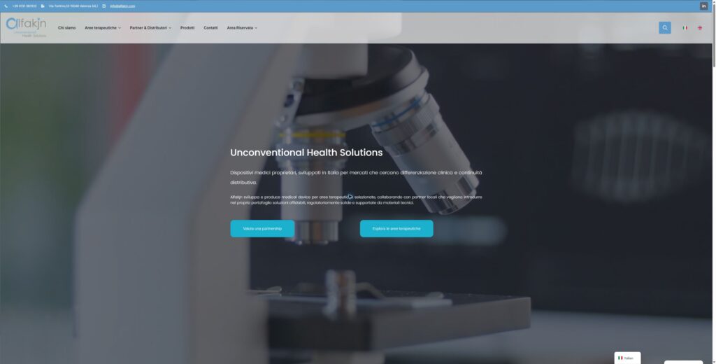 Homepage del sito AlfaKJN in italiano, con percorsi per medici e distributori